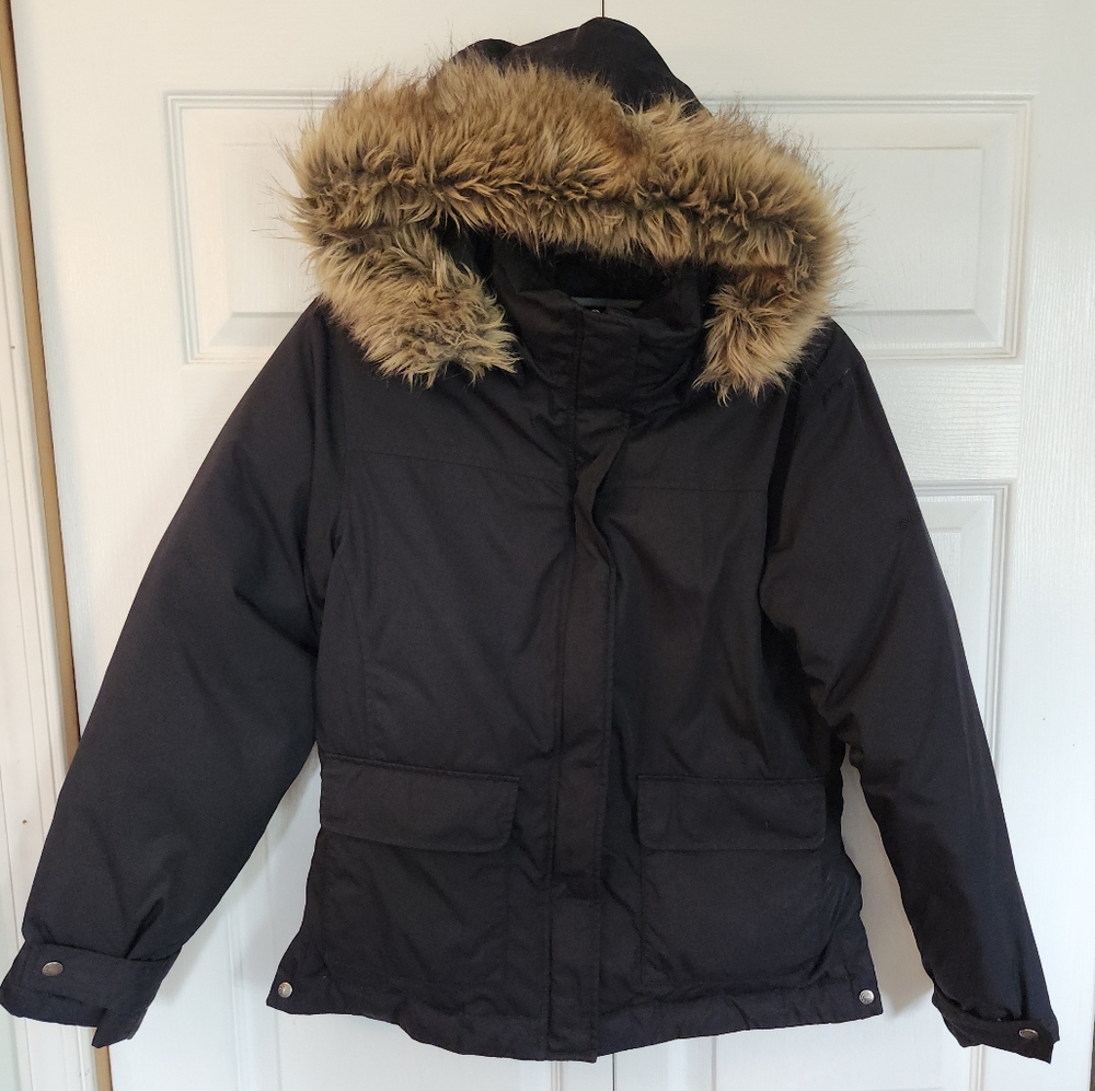 Columbia Stormy Ridge II Duck Down Parka Black Faux Fur 2007 Womens M GUC
